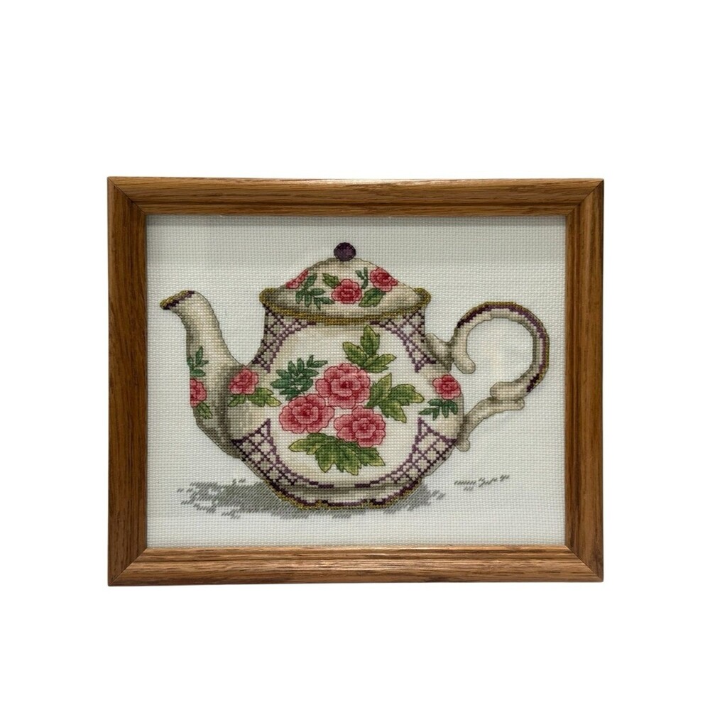 Vintage Completed Floral Teapot Counted Cross-Stitch Framed Hand Crafted